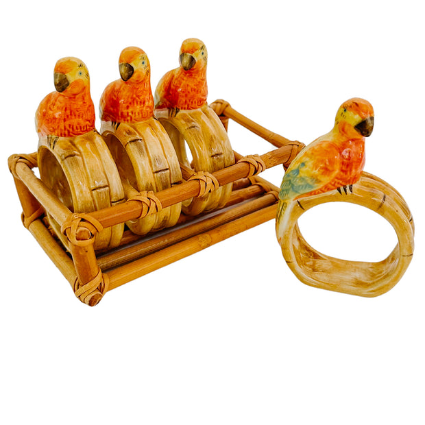 Vintage Parrot Napkin Rings In Bamboo Wood Holder