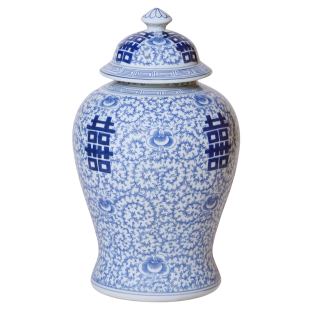 Large 21” Blue & White Double Happiness Temple Jar