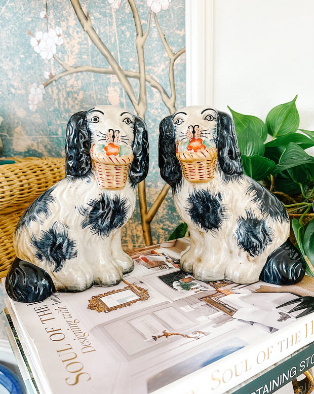 Blue White Staffordshire Style Spaniels With Baskets In Mouth