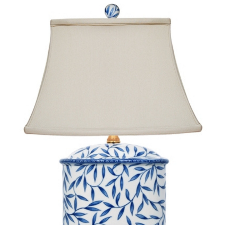 Single Blue & White Bamboo Leaf Porcelain Table Lamp With Gold Base