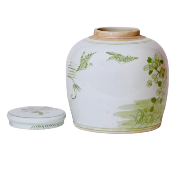 Chinoiserie Green & White Ginger Jar With Birds
