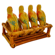 Vintage Parrot Napkin Rings In Bamboo Wood Holder