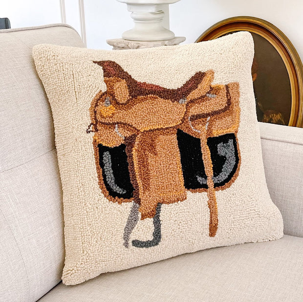 Equestrian Saddle Square Wool Hooked Throw Pillow