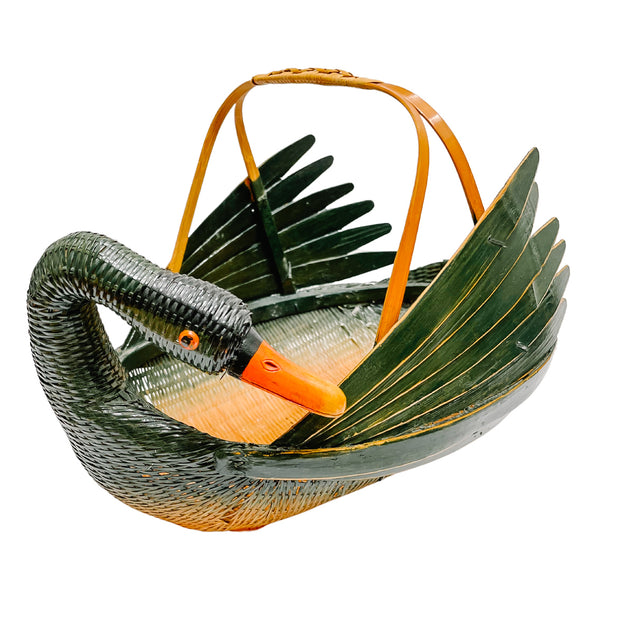 Green Woven Wicker Rattan & Bamboo Goose or Swan Duck Basket