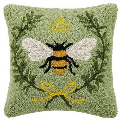 Green & Gold Queen Bee Wool Hooked Pillow