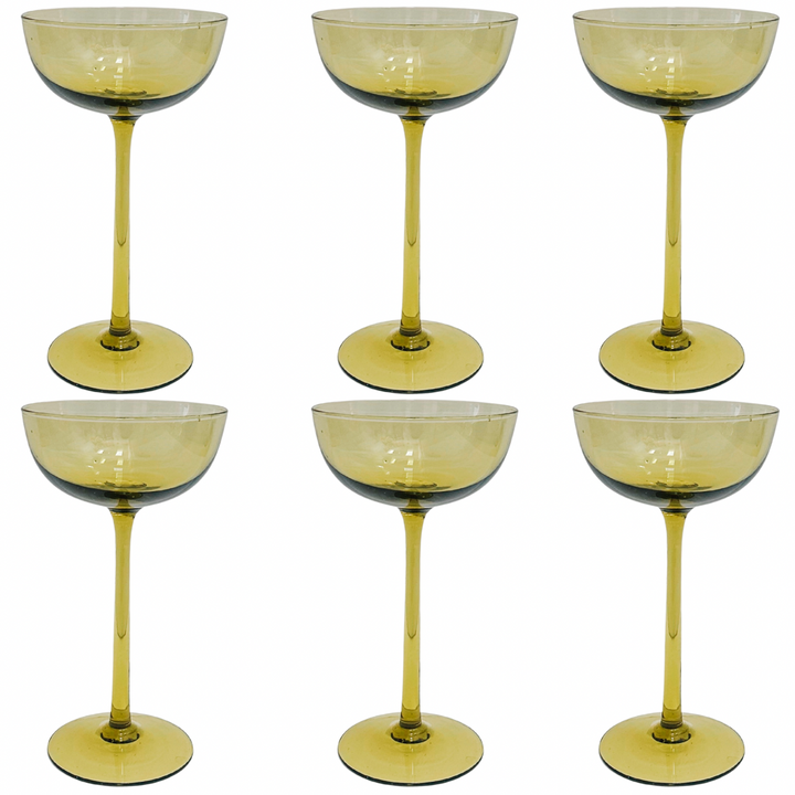 Hand-Blown Olive Green Tall Stem Coupe Glasses by Carlo Moretti