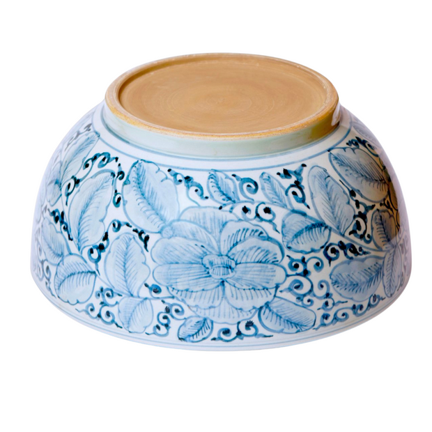 Large Chinese Blue & White Stylized Roses Punch Bowl