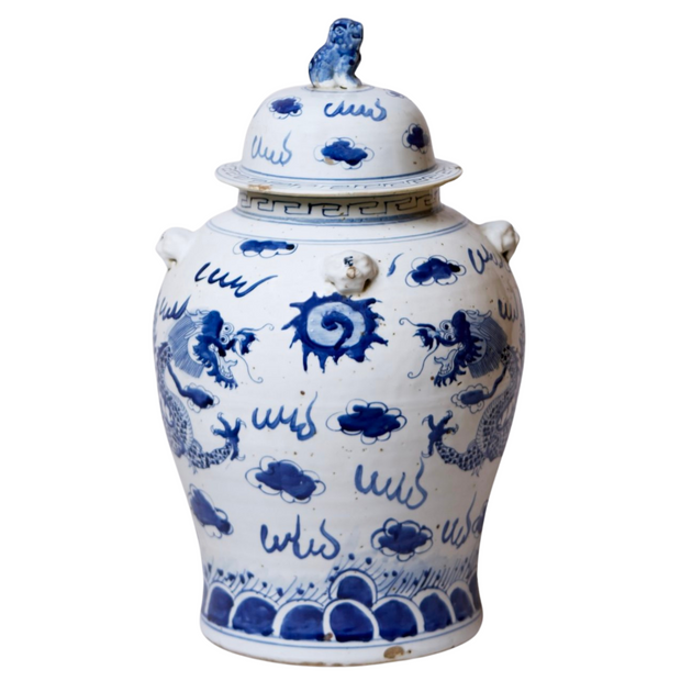 Blue & White Chinese Dragon Temple Jar