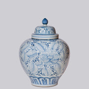 Large Chinese Blue & White Stylized Roses Ginger Jar