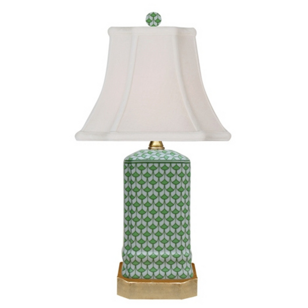 Pair Of Petite Green & White Fishnet Porcelain Table Lamps With Gold Base