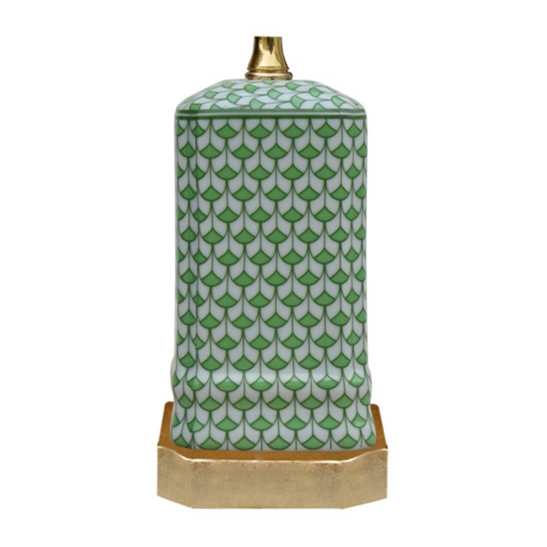 Small Green & White Fishnet Porcelain Table Lamp With Gold Base