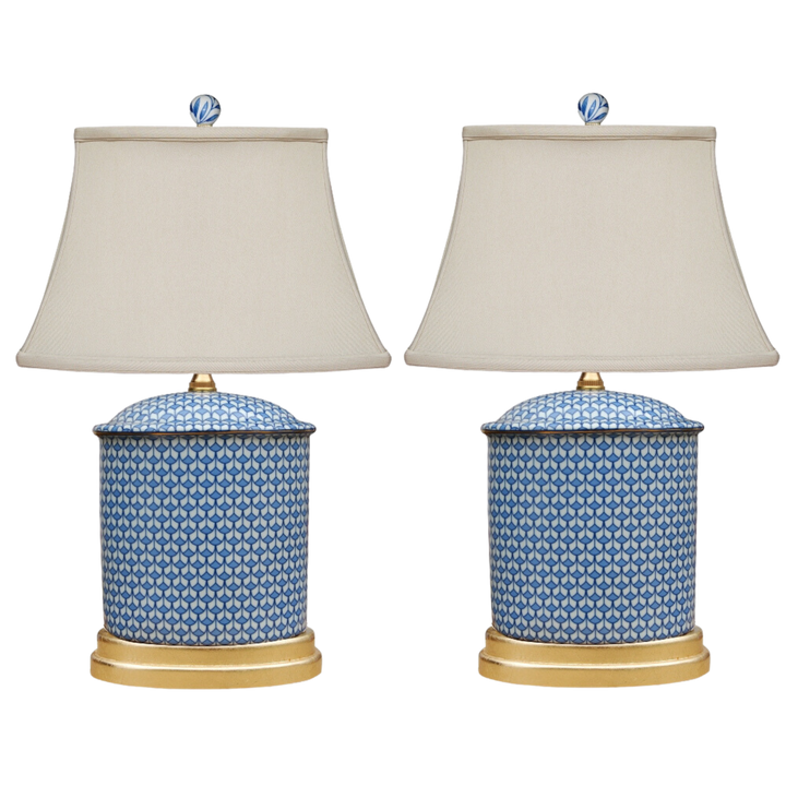 Pair Of Blue & White Fishnet Porcelain Table Lamps