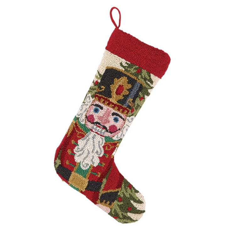 Red Wool Hooked Nutcracker Christmas Stocking