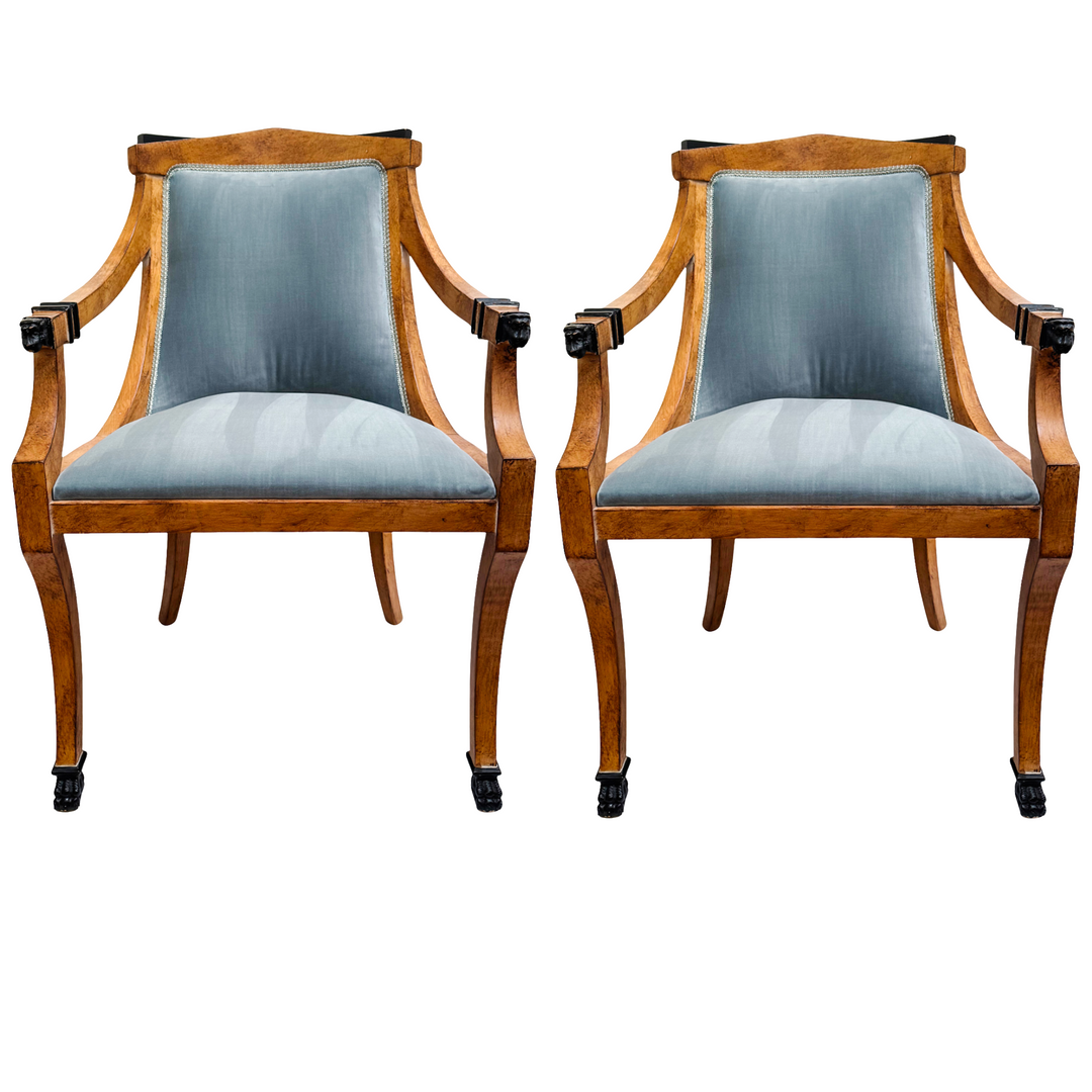 Pair of Regency Style Italian Upholstered Side Chairs With Lion's Head Masques