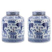 Pair of Large 11.5" Blue & White Koi Fish Lidded Jars