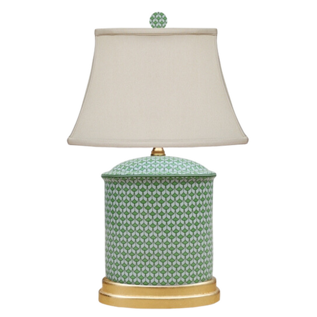 Pair Of Green & White Fishnet Porcelain Table Lamps With Gold Base