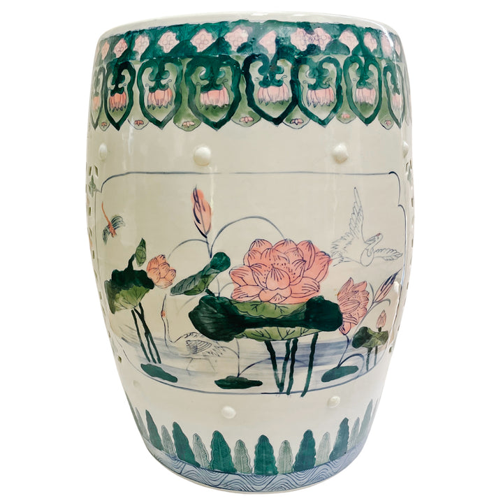 Vintage Chinese Ceramic Pink Lotus Garden Stool