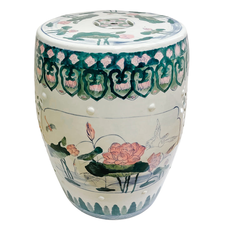 Vintage Chinese Ceramic Pink Lotus Garden Stool