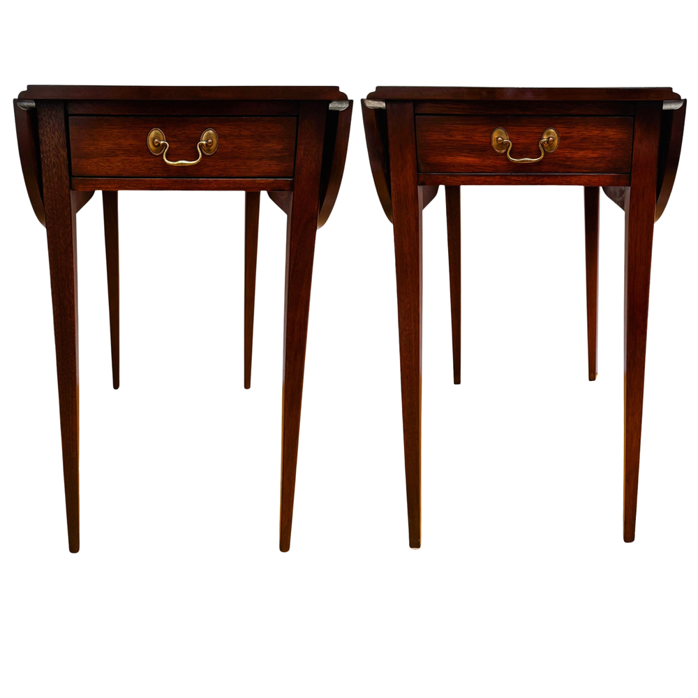 Pair of Vintage Henkel Harris Mahogany Drop-Leaf Pembroke End Tables With Drawer