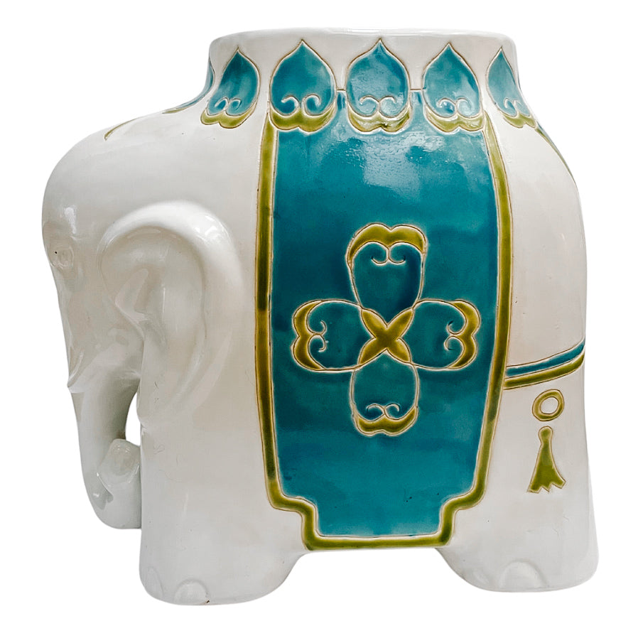 elephant plant stands 1980s Mid-Size White & Teal Ceramic Elephant Plant Stand