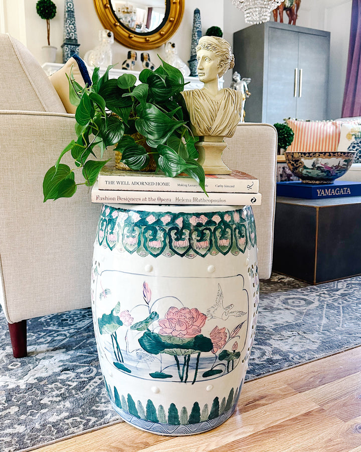 Vintage Chinese Ceramic Pink Lotus Garden Stool