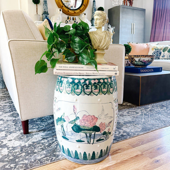 Vintage Chinese Ceramic Pink Lotus Garden Stool