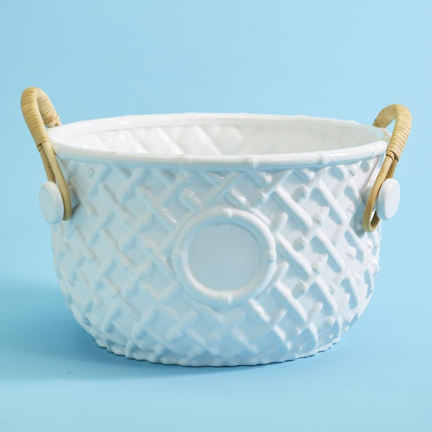 White Glazed Ceramic Bamboo Champagne Bucket With Rattan Handles