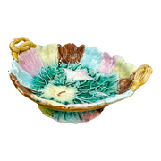 Antique Majolica Morning Glory Footed Bowl With Handles