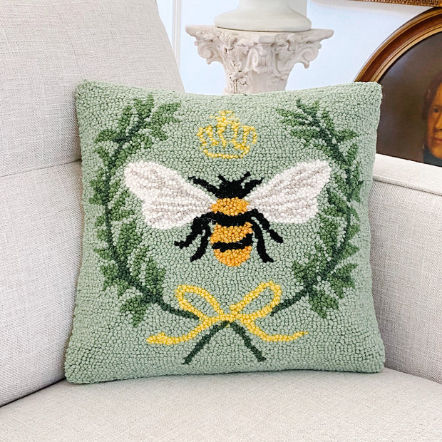 Green & Gold Queen Bee Wool Hooked Pillow