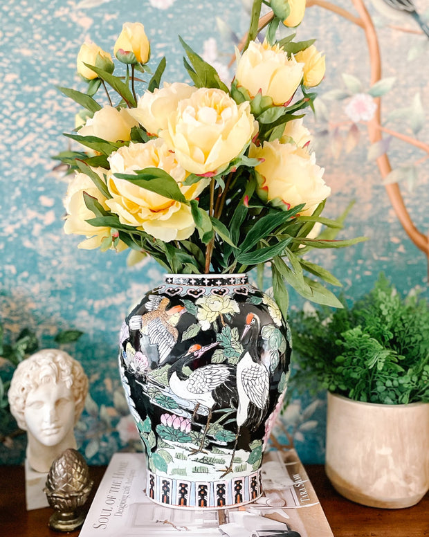 Vintage Famille Noire Cranes & Floral Vase