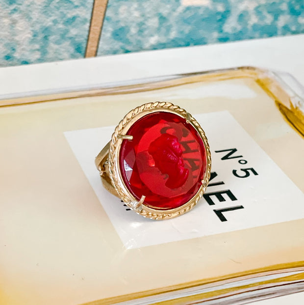 Italian Bronze Round Cocktail Ring With Ruby Red Murano Intaglio