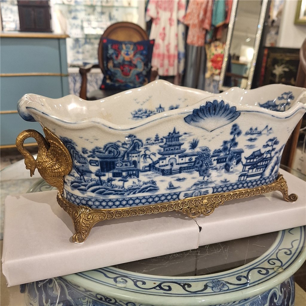 Blue & White Oblong Planter With Swan Bronze Ormolu (4)