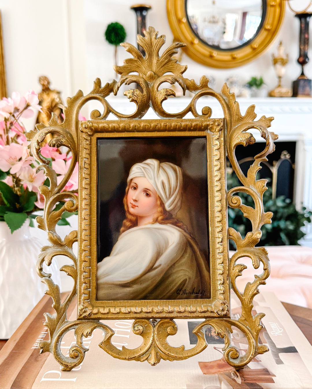 Antique 19th C. German Porcelain Plaque of Beatrice Cenci Signed C. Russhuldt, Gilt Rococo Frame