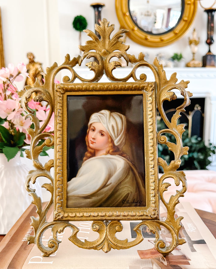 Antique 19th C. German Porcelain Plaque of Beatrice Cenci Signed C. Russhuldt, Gilt Rococo Frame