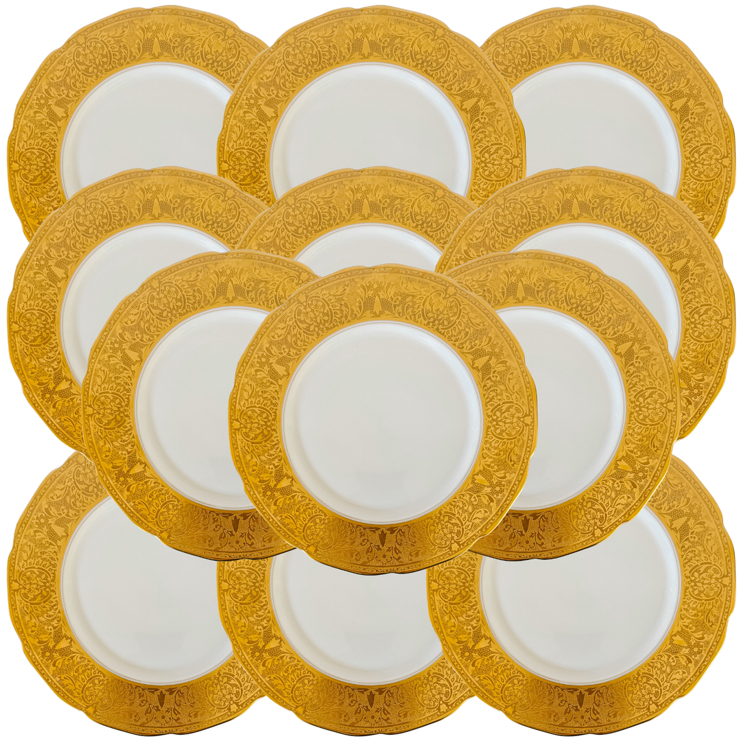 1930 Gold-Encrusted Czechoslovakian Dinner Plates by Rudolf Kämpf, Set of 12