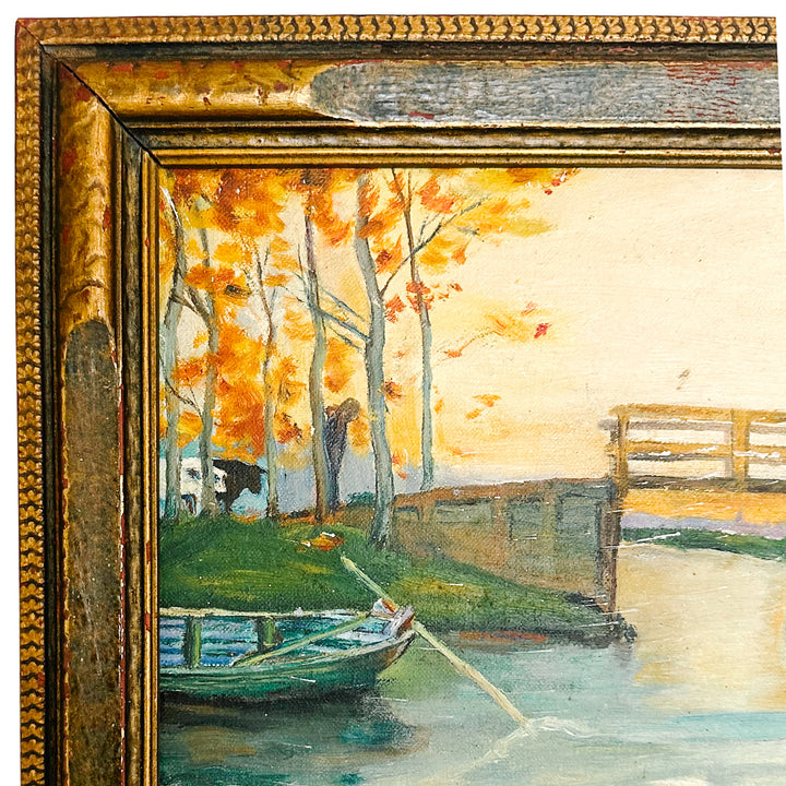 1938 Oil Painting of Dutch Folk Art River Scene with Original Frame