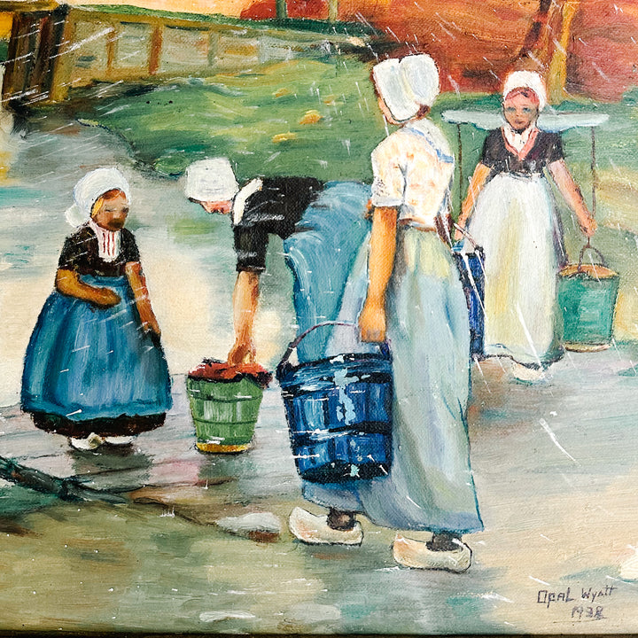 1938 Oil Painting of Dutch Folk Art River Scene with Original Frame