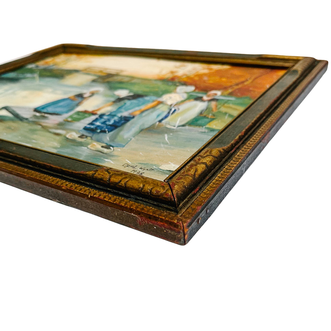 1938 Oil Painting of Dutch Folk Art River Scene with Original Frame