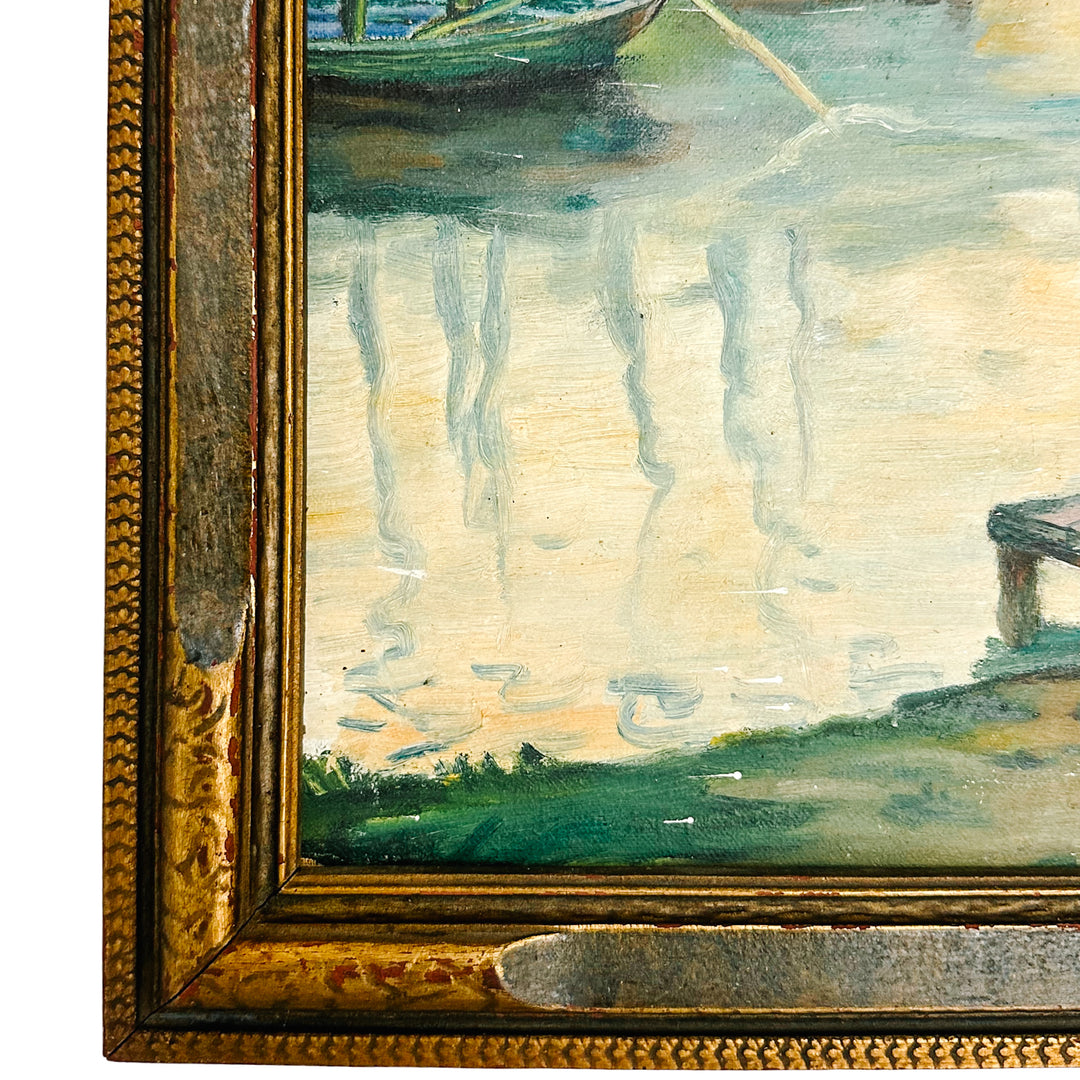 1938 Oil Painting of Dutch Folk Art River Scene with Original Frame