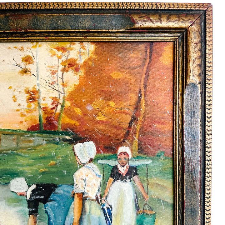 1938 Oil Painting of Dutch Folk Art River Scene with Original Frame