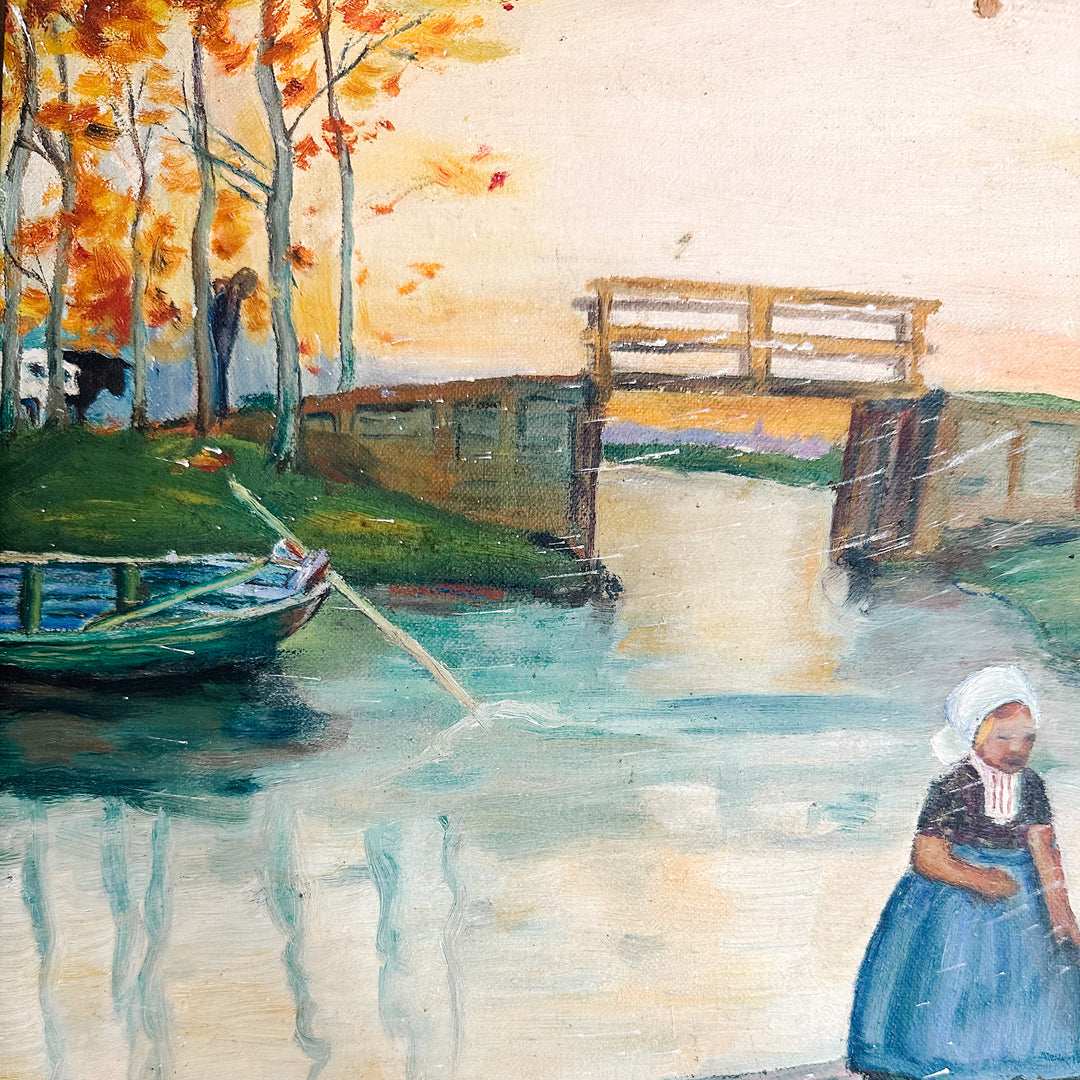 1938 Oil Painting of Dutch Folk Art River Scene with Original Frame