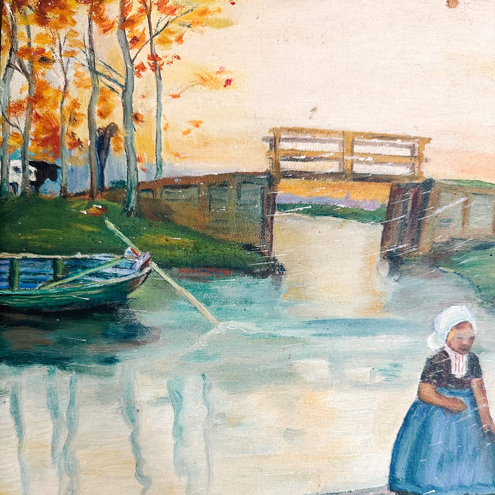1938 Oil Painting of Dutch Folk Art River Scene with Original Frame