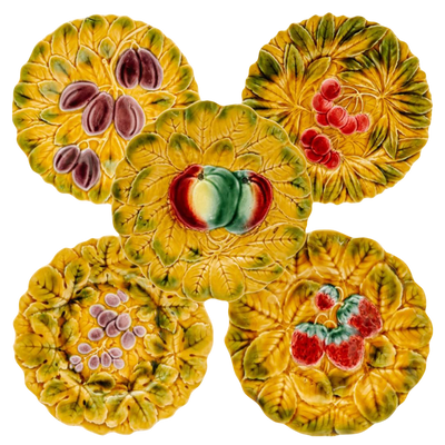 1940s Sarreguemines French Faience Majolica Fruit Plates - Set of 5