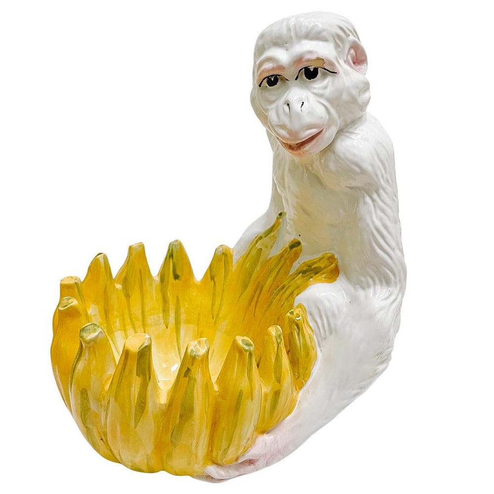 Large Vintage Italian Glazed Ceramic Monkey Holding Banana Bowl