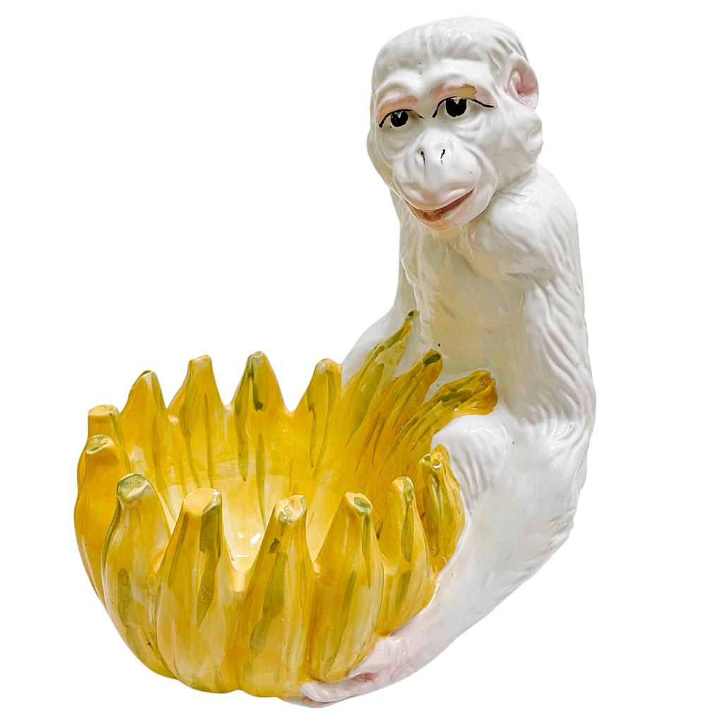 Large Vintage Italian Glazed Ceramic Monkey Holding Banana Bowl