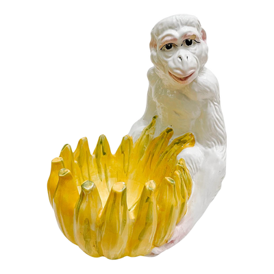 Large Vintage Italian Glazed Ceramic Monkey Holding Banana Bowl