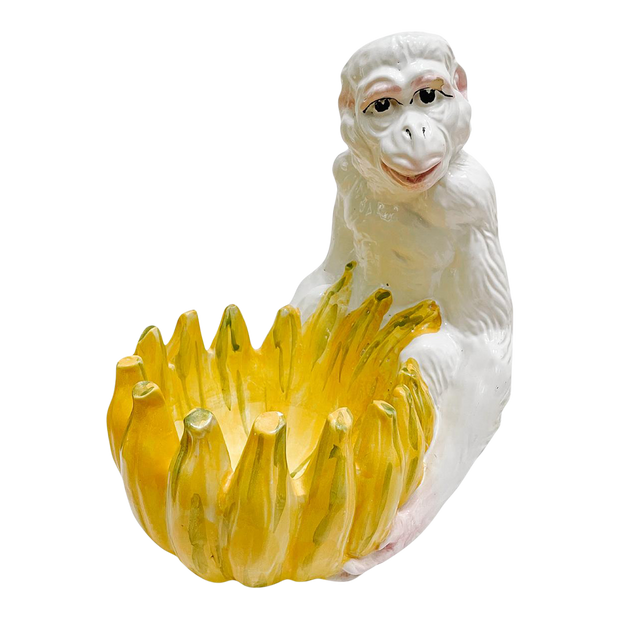 Large Vintage Italian Glazed Ceramic Monkey Holding Banana Bowl