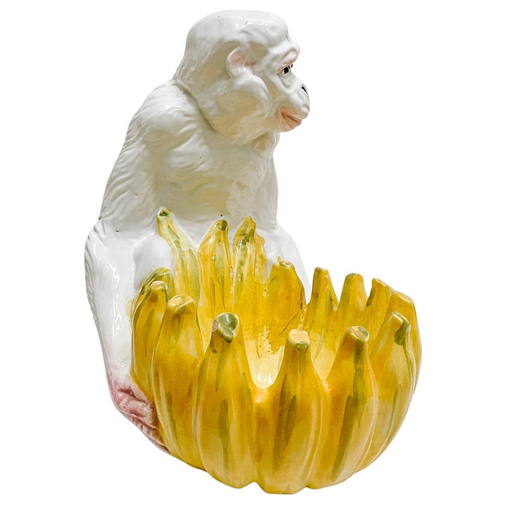 Large Vintage Italian Glazed Ceramic Monkey Holding Banana Bowl