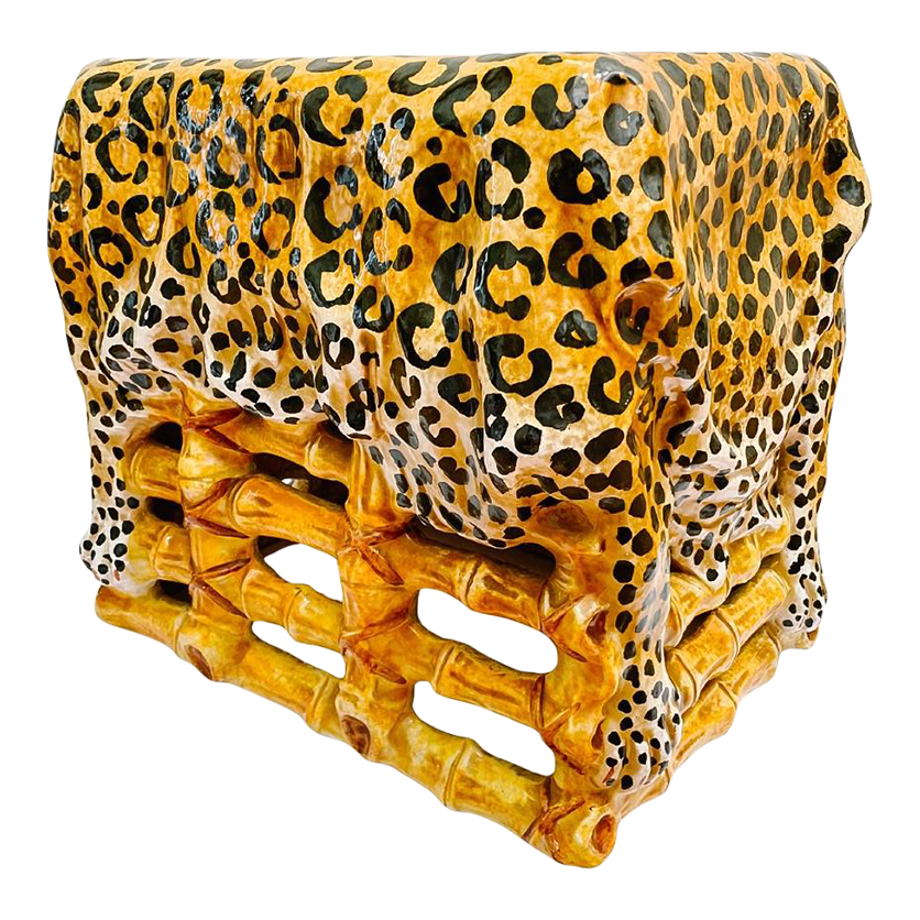 1960s Italian Glazed Terracotta Leopard Print Ottoman Stool