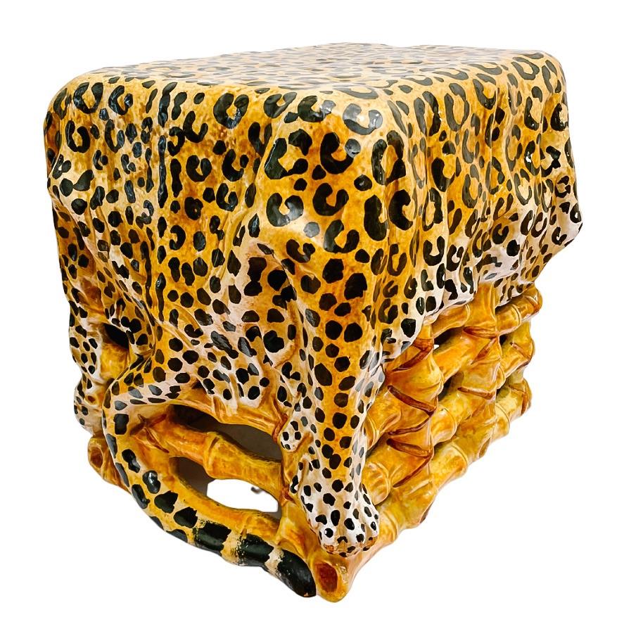 1960s Italian Glazed Terracotta Leopard Print Ottoman Stool